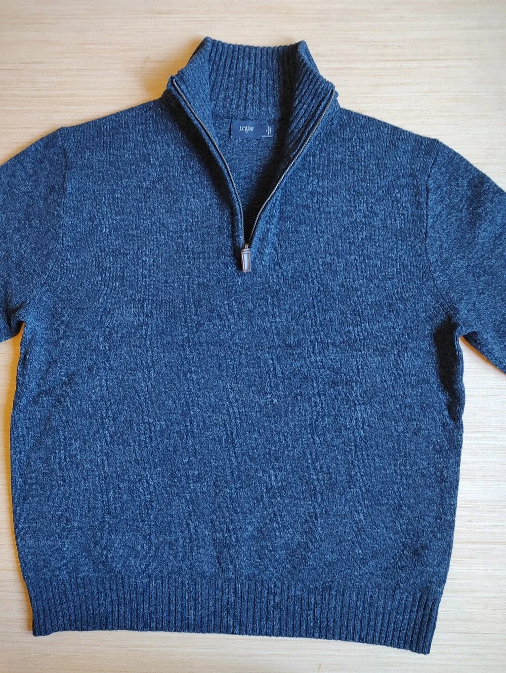 J Crew Lambs Wool Quarter Zip Sweater Pullover Marled Blue Navy Mock Neck L